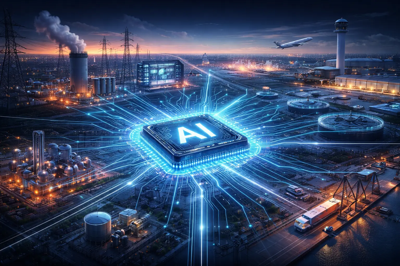 Futuristic illustration of an AI chip connected by glowing circuits to power, transport, port, and industrial infrastructure at dusk.